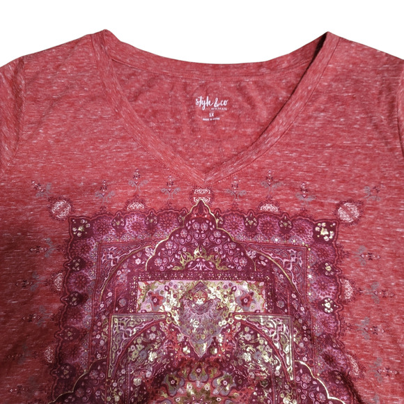 Style & Co. Boho Orange Red V-Neck Short Sleeve Graphic Tee 1X - Picture 7 of 9